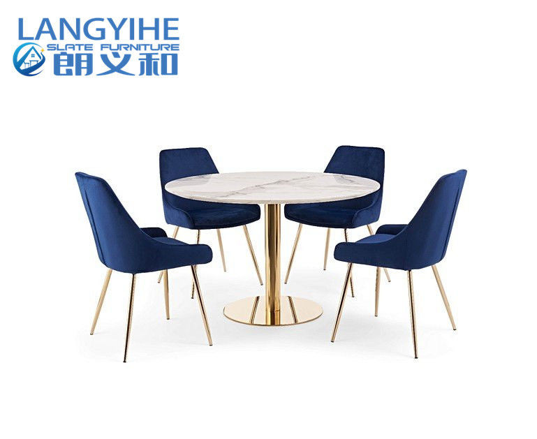 OIN 9001 120cm autour de la table de salle à manger de marbre d'effet avec Fern Velvet Chairs Blue