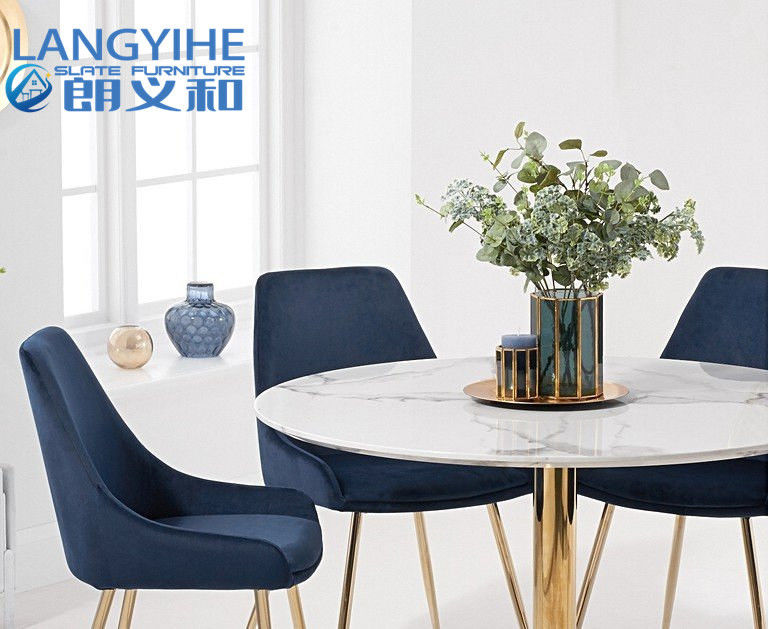 OIN 9001 120cm autour de la table de salle à manger de marbre d'effet avec Fern Velvet Chairs Blue