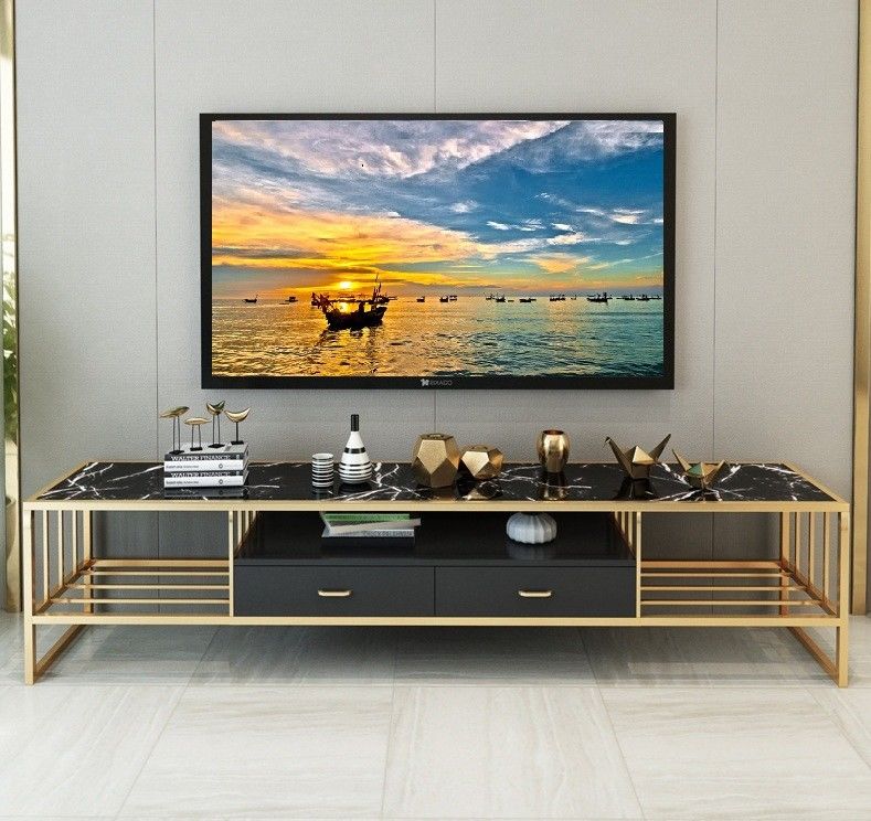 Long banc de l'or TV de support de cadre supérieur de marbre de luxe d'acier inoxydable